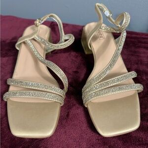Gold Rhinestone Block Heel Sandals|Size 9|Square Toe Strappy Evening Dress Shoes